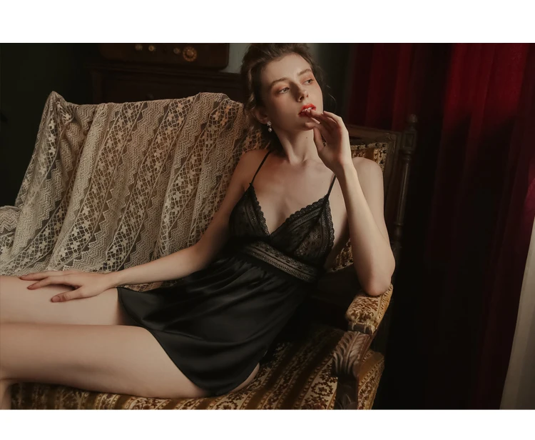 Черный, белый цвет сексуальные пижамы Ice Silk(искусственное волокно Лето Высокое Разделение прозрачный Для женщин сна костюм футболка с шортами и ремешками через подъем, декорированные кружевом и бисером, одежда для сна, одежда для сна