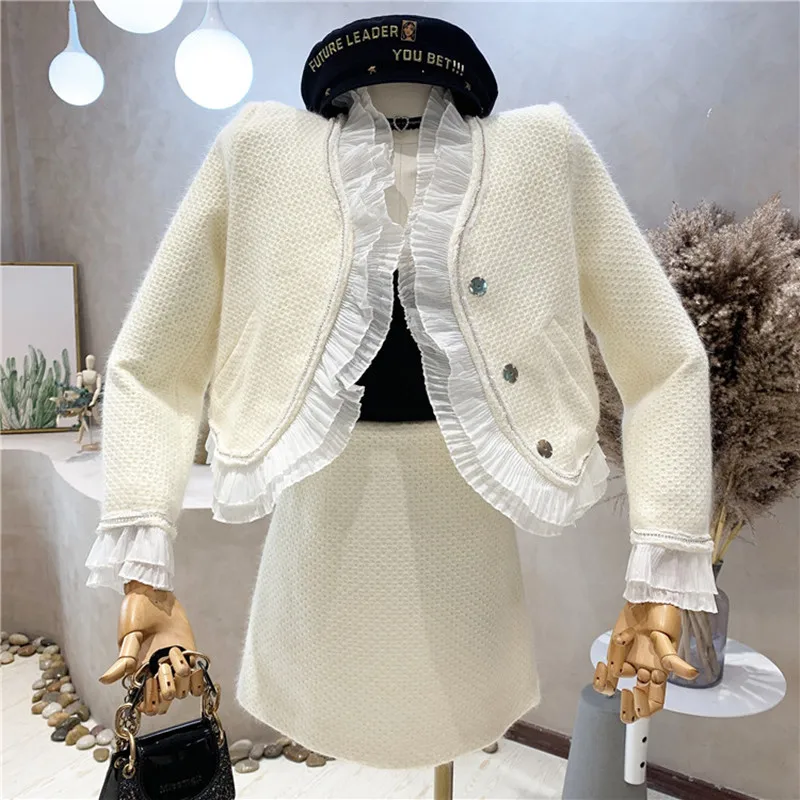 

New Women's Clothing 2021 Autumn Winter Temperament Ruffle tweed short coat + High Waist Hip Wrap Skirt two-piece set