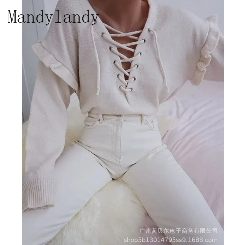 

Mandylandy Sweater Autumn Fashion Solid Color V-neck Bandage Sweater Top Women's Casual Loose Long Sleeve Stitching Sweater