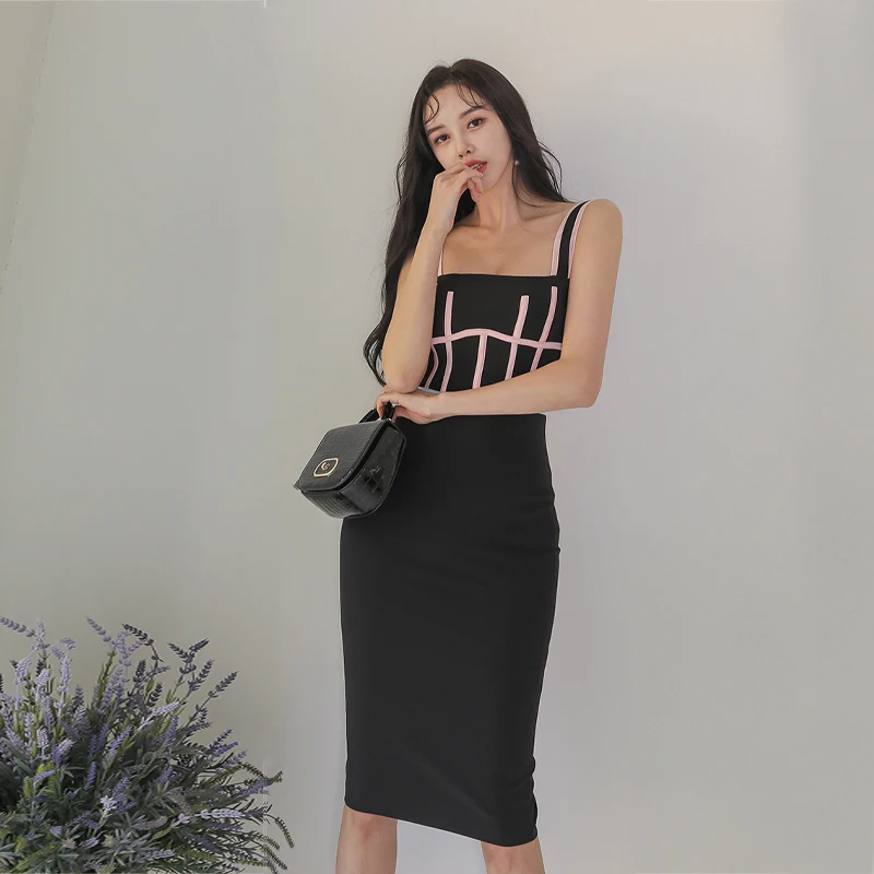 

Women Lady Pencil Dress Striped Color Backless Spaghetti Strap Bodycon SlimDress Summer Streetwear Sundress