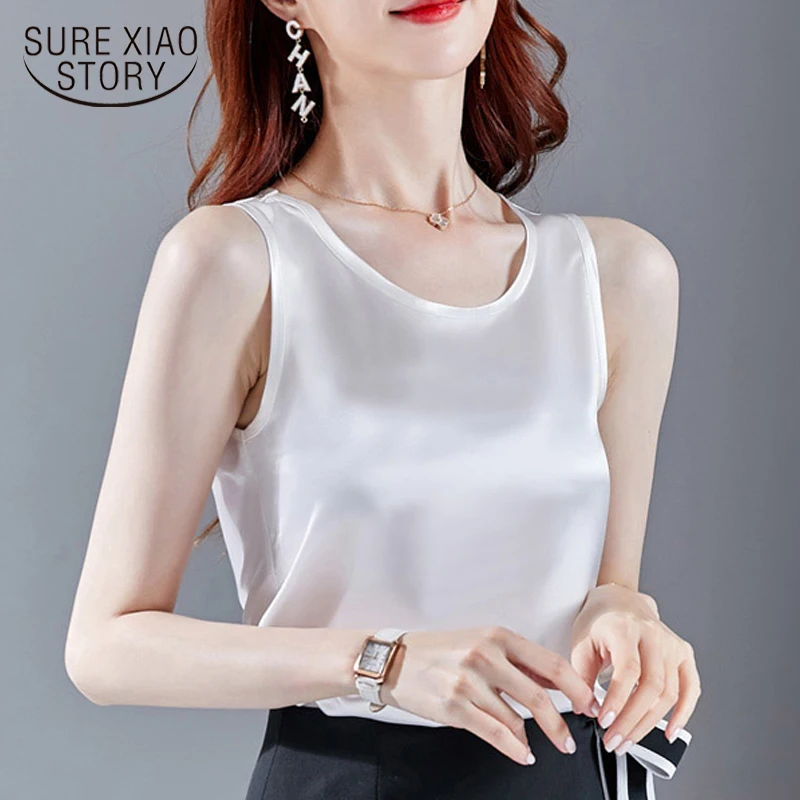 

Blusas Mujer 2021 костюм для девочек, комплект из платья с круглым вырезом дикий атласная блузка без рукавов для женщин повседневные свободные женские однотонные рубашки приталенная верхняя одежда 9559