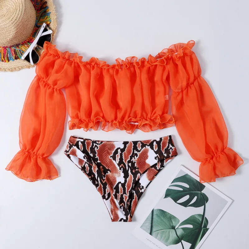 Sexy Green bikini set Swimwear Women Mesh long sleeve swimsuit female High waist bikini Snake printed Bathing suit Mujer