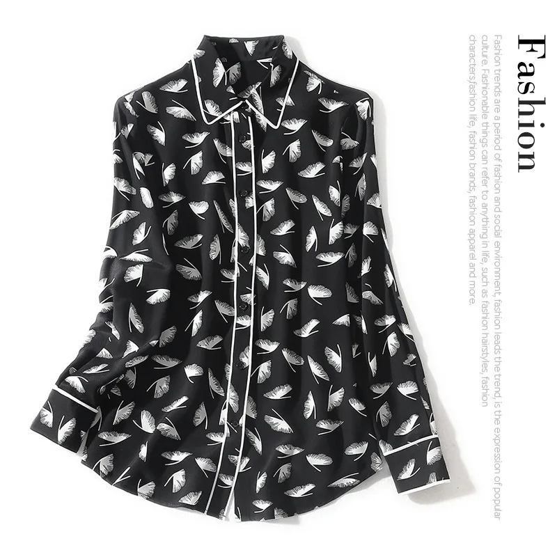 

Женский однобортный Топ средней длины, шелковая рубашка с отложным воротником и принтом перьев, с длинным рукавом