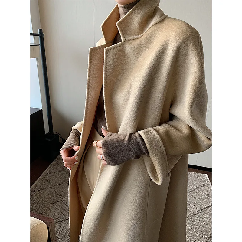 Женское шерстяное пальто с отложным воротником дизайнерское длинное синее