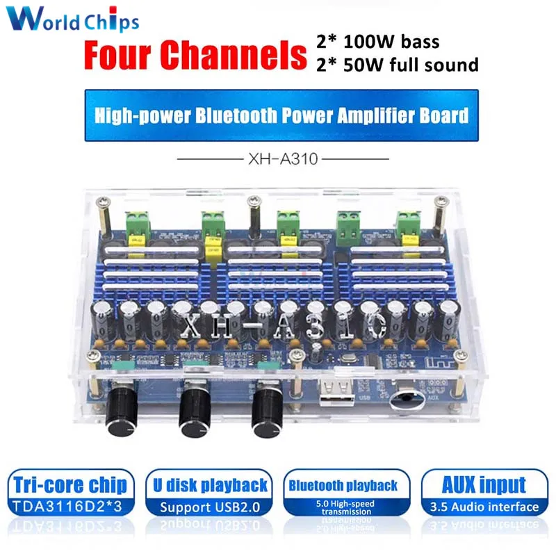 XH A310 TPA3116D2 Bluetooth 5 0 Плата усилителя 4 CH 50Wx2 + 100Wx2 аудио цифровой AMP 3 мм AUX USB вход