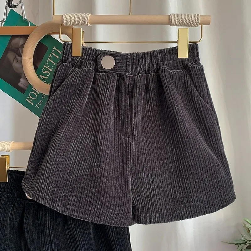

Women Corduroy Shorts Elastic Button Solid Vintage Simple Retro Loose Wide Leg Autumn Winter Warm Trousers Casual High Waist New