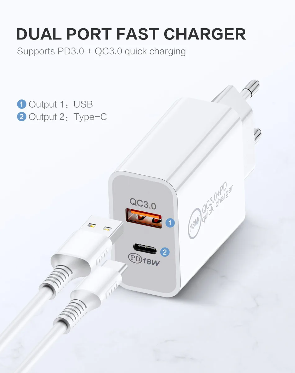 RDCY 18 Вт PD зарядное устройство 3 0 Dual Port Quick Charge мобильный телефон для iPhone Samsung xiaomi QC