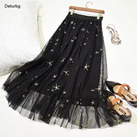 womens elegant black long mesh skirt korean female high waist star embroidery pleated a line skirts faldas 2021 autumn sk834