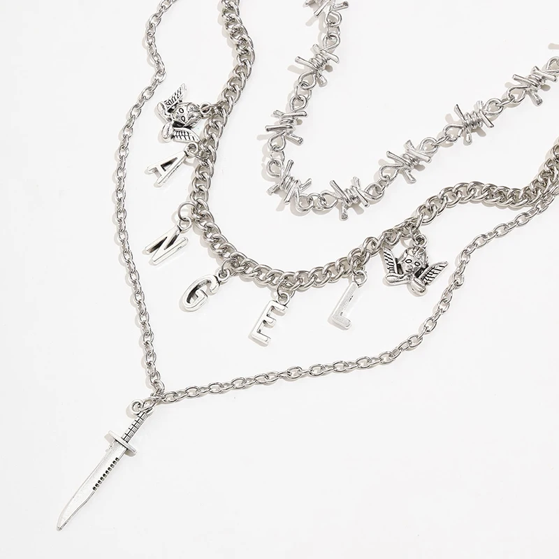 Sindlan 3 слоя Панк Серебряный цвет цепь кулон ожерелье для женщин хип-хоп Ангел