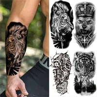 realistic lion cross temporary tattoos for men women crown robotic arm tiger forest fake tattoo sticker diy forearm thigh tatoos