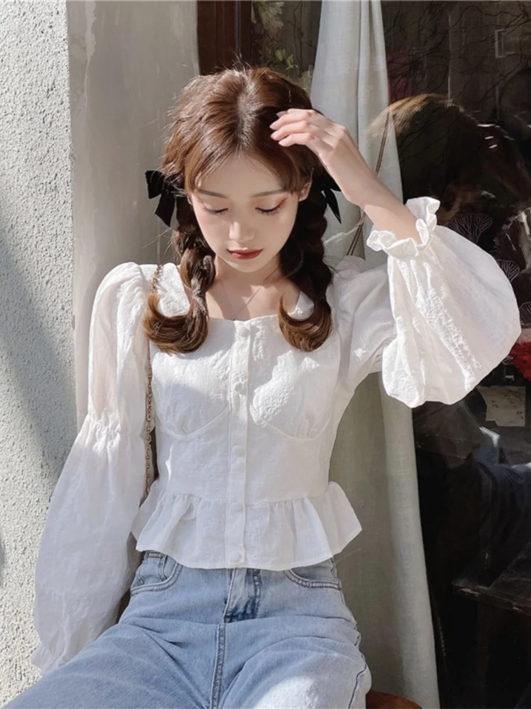 

Укороченный Топ с длинным рукавом, белое короткое платье с квадратным вырезом, женская рубашка нового французского дизайна 2021 с рукавом-пуз...