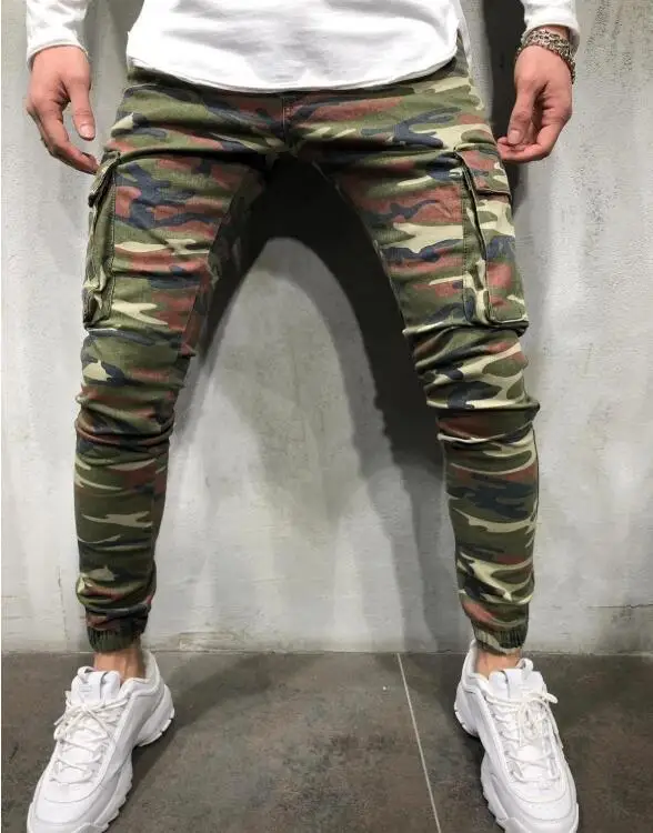 Men Multi-pocket Stretch Jeans Camouflage Elastic-leg Jeans Streetwear Denim Pants Slim Fit Zipper Decoration Ripped Jeans Male