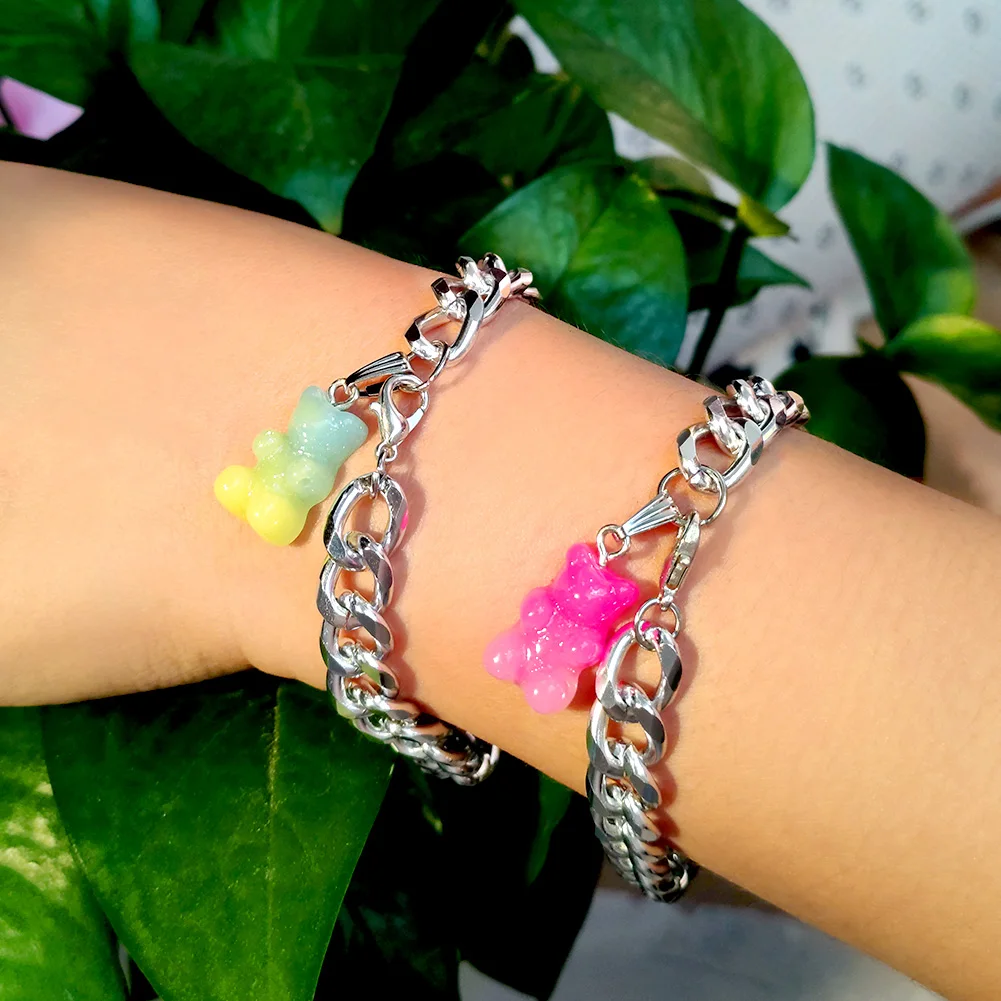 

2021 Candy Gummy Bear Pendant Chain Bracelets For Women Unique Silver Color Chunky Chain Bangle Wrist Jewelry Y2K Girls Gift Hot