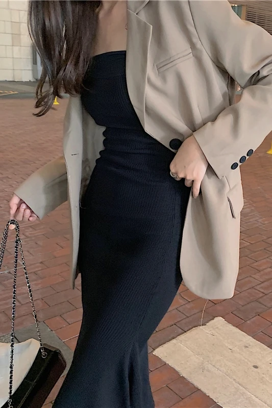 

Retro sexy tube top black dress female 2021 spring new slim mid-length irregular skirt small suit