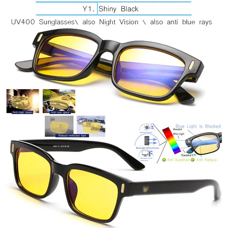 Shiny Black-Yellow IVSTA, синий светильник, очки, компьютерная игровая оправа, для мужчин, анти-Синие лучи, блокировка, по рецепту, близорукость, поляризованные солнцезащитные очки, ночной ботаник - Цвет оправы: Shiny Black-Yellow