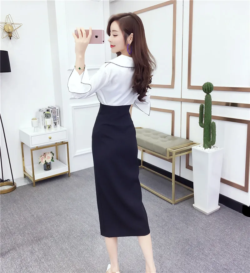 

2021 spring women's temperament long-sleeved shirt top + high-waist lace-up split hip skirt fashion two-piece suit