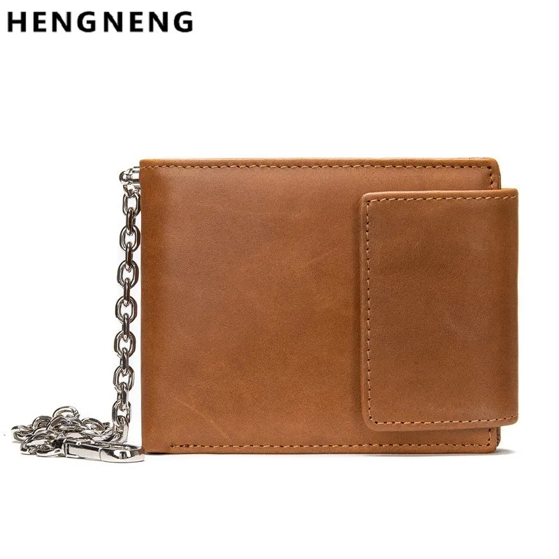 

Мужской короткий кошелек из воловьей кожи, мужской кошелек, кошелек для монет, мини-держатель для карт, портмоне на цепочке, мужской кошелек с карманами, Прямая поставка