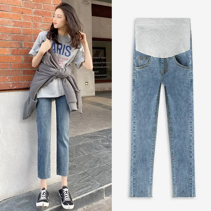 

2021 Vintgae Washed Denim Maternity Jeans For Pregnant Women Clothes Elastic Waist Belly Loose Pants Pregnancy Gravidas Clothing