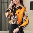 Женская шифоновая блузка, элегантная винтажная рубашка с леопардовым принтом и длинным рукавом, на пуговицах, в Корейском стиле, 2020, 50