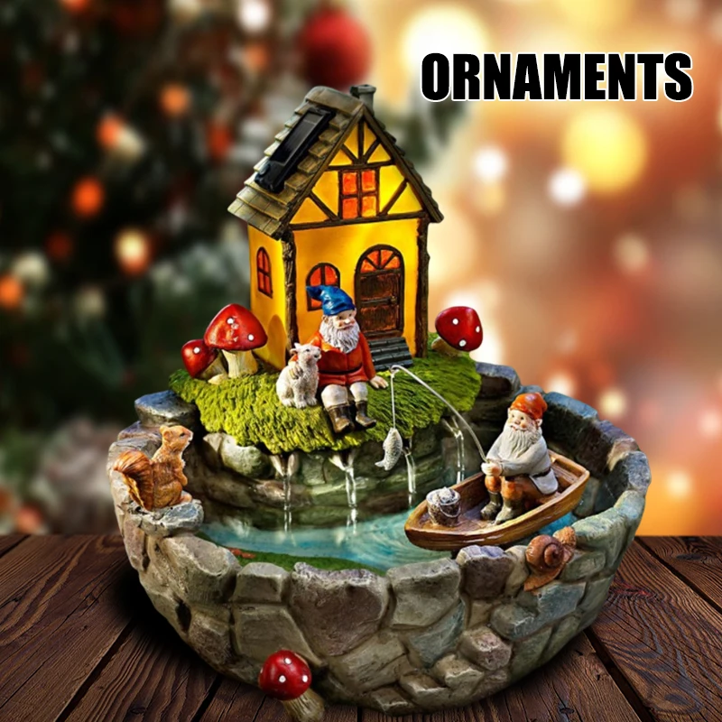 

Семейный садовый фонтан на солнечной батарее, украшение дома эльфов, креативные полимерные уличные миниатюрные Статуэтки для украшения ми...