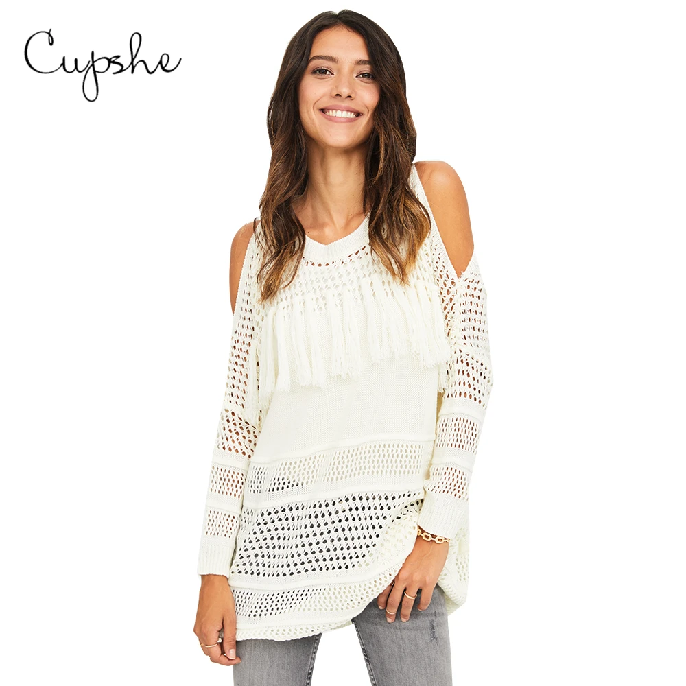 CUPSHE вязаный свитер с открытыми плечами туника бахромой женский сексуальный