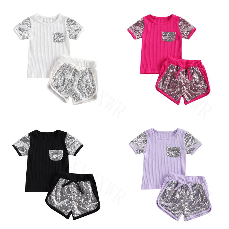 

Повседневная детская одежда, наряды для девочек, летние трикотажные футболки с коротким рукавом и блестками и карманами для маленьких дево...