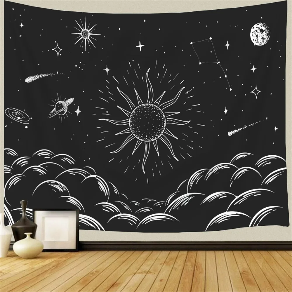 

Psychedelic Tapestry Black and White Sun Moon Wall Hanging For Bedroom Living Room Hall Wall Painting Tapestry