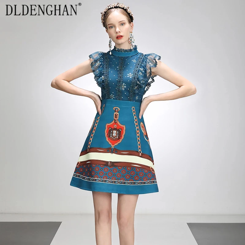 

DLDENGHAN Fashion Print Summer Dress Women's Sleeveless Beading Vintage Stand collar Short Dresses