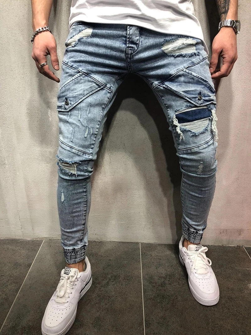 

Men Blue Ripped Jeans Vintage Patchwork Distressed Slim Fit Mid Waist Jeans Hombre Causal Skinny Denim Pencil Pants Streetwear