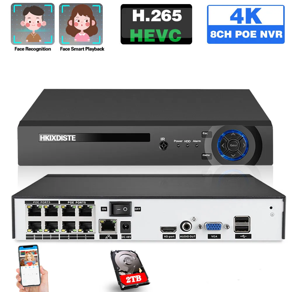 

Сетевой видеорегистратор H.265 CCTV, 8 каналов, 4K POE, NVR, распознавание лица, 5 МП, 4 канала, XMEYE, NVR P2P, Wi-Fi, View 2T HDD