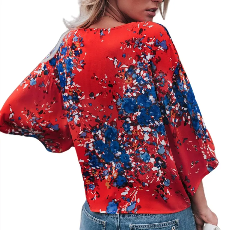 

Summer Casual Loose Women Blouse Batwing Sleeve Deep V Shirts Femme Floral Print Cotton Irregular Pullovers Female Plus Size 5XL
