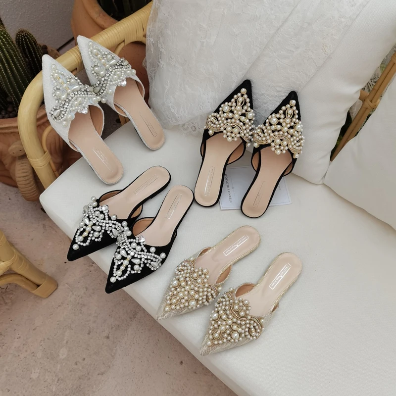 

Pearl Embellished Mules Slippers Women Flats Bridge Shoes Pointed Toe Spring Casual Rhinestone Slides Female Comfort Footwear