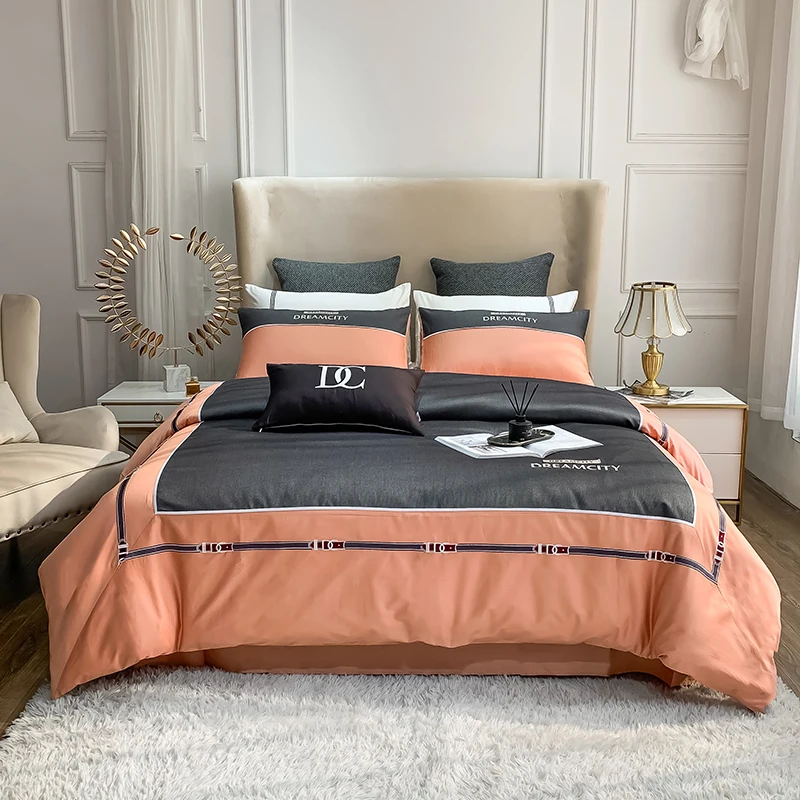 

Роскошные 600TC Египетский хлопок вышивка роскошные постельные принадлежности набор оранжевый серый сплайсинг пододеяльник для пухового од...