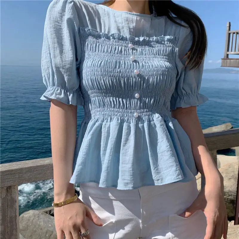 

COIGARSAM Ruffles blouse women O-Neck High Waist blusas womens tops and blouses Blue White 8106