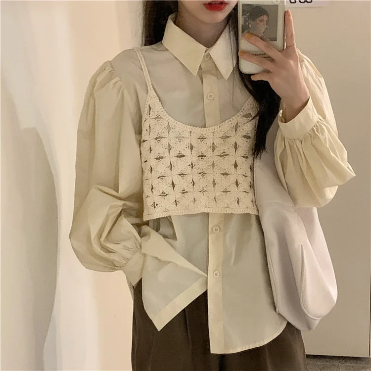 

Womens Tops And Blouses Shirts Price Loose Puff Sleeves Shirt Two-Piece Set Spring Summer 2021 Women Fashion