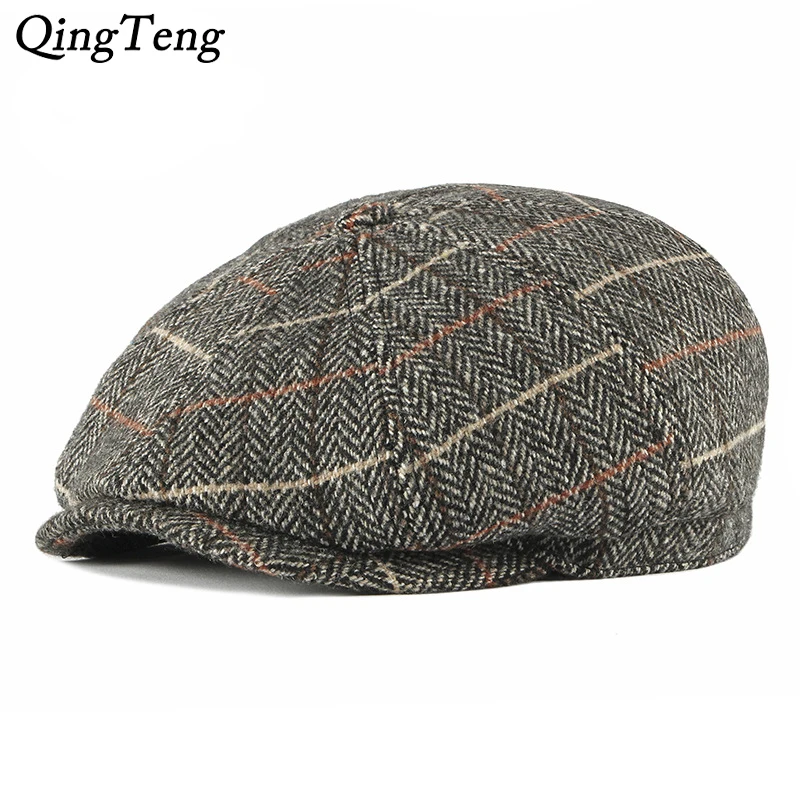 

Wool Men Berets Hat Vintage Plaid Peaky Blinders Autumn Herringbone Octagon Cap Women'S Casual Pumpkin Hat Gatsby Flat Beret Hat