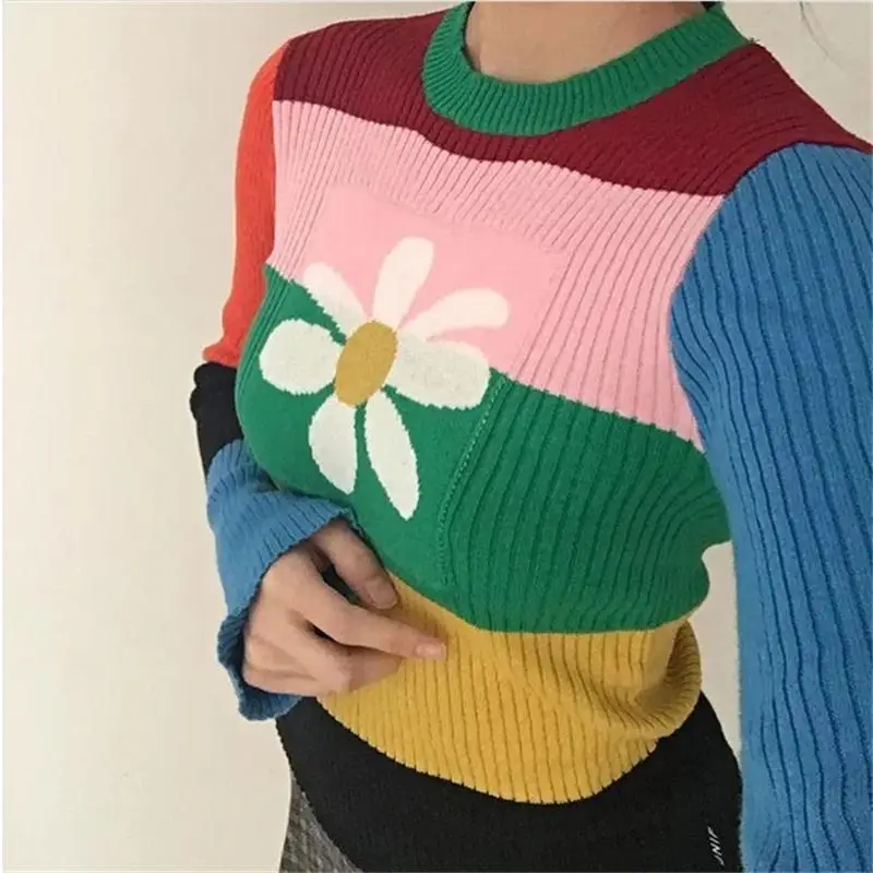 Womens Contrast Striped Crop Sweater Patched Flower Skinny-Fit Crew Neck Long Sleeve Pullover Knit Top Harajuku e-Girl / | Женская