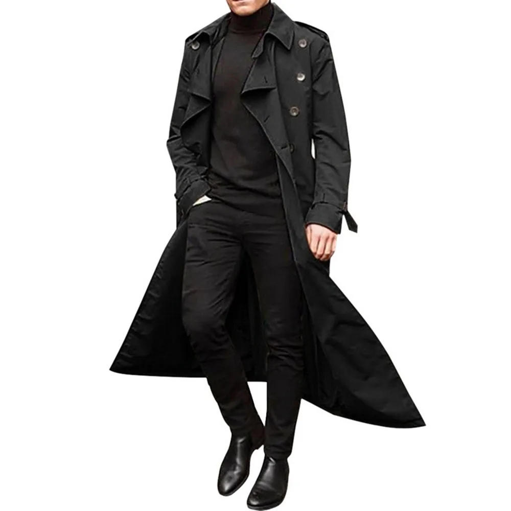 

Fashion Men Long Trench Coat Spring Double-Breasted Button European Casual Business Black Windbreaker Oversized Outwear Autumn