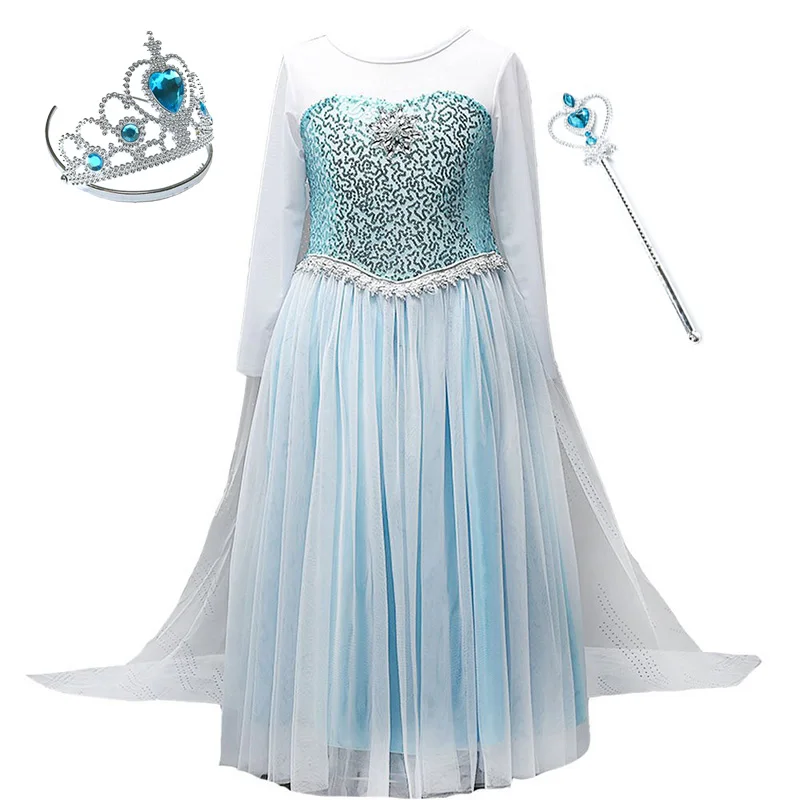Elsa E and Set1 Платье принцессы Эльзы для девочек; Детский карнавальный костюм Снежной Королевы; Детский костюм Эльзы на Рождество и День рождения; парик; корона; волшебная палочка; одежда для костюмированной вечеринки - Цвет: Elsa E and Set1