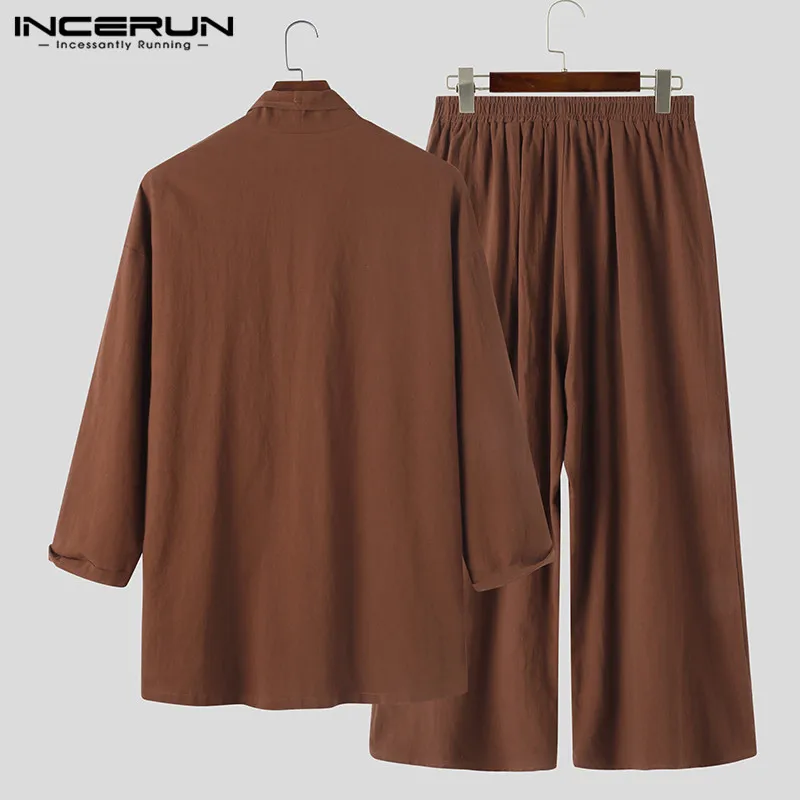 

Vintage Men Sets Cotton Long Sleeve Open Stitch Casual Shirts Wide Leg Pants Streetwear Chinese Style Men Suits 2 Pieces INCERUN