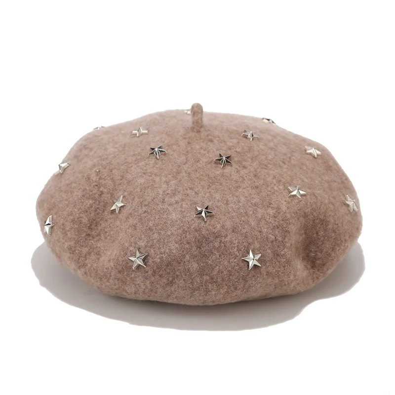 Женский шерстяной берет со звездочками и заклепками крутая зимняя шапка в
