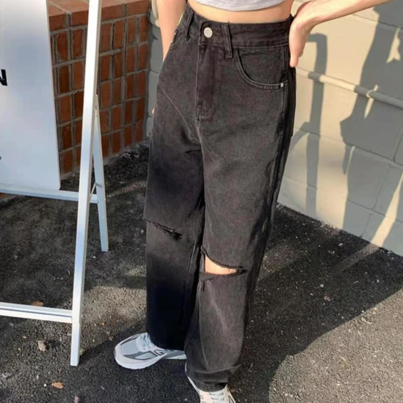 

Women's Spring and Autumn 2021 New Loose Thin Drape Wide-leg Mopping Pants Black High-waist Ripped Straight-leg Classic Jeans
