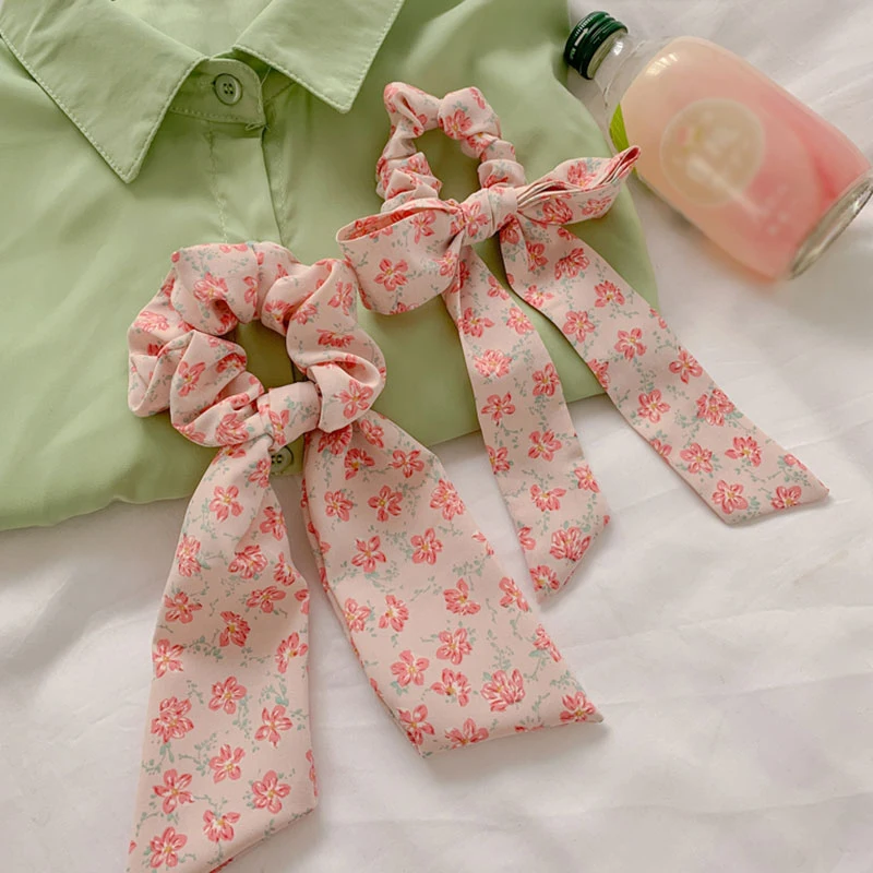 

Korea Floral Bow Ribbon Hair Scrunchie Ponytail Hair Scarf For Women Fashion Hair Accessories Girls Elastic Hair Rubber Bands