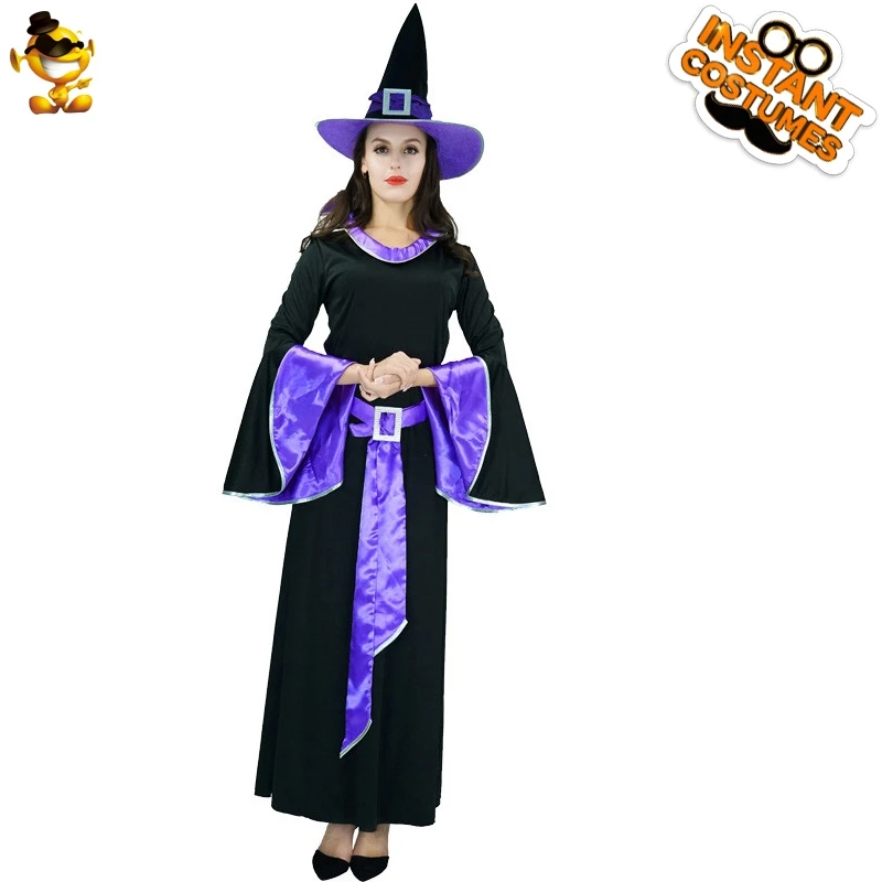 Хэллоуин женские фиолетовые платья ведьмы костюм с шляпой Пурим ролевые игры