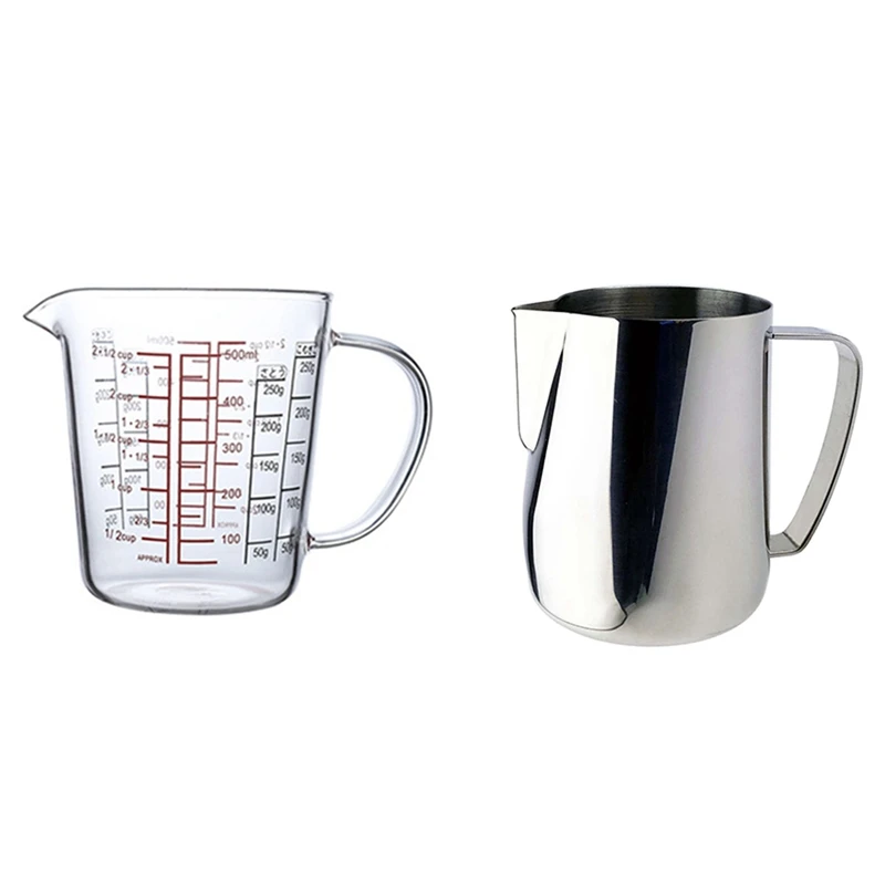 

1 Pcs 500Ml Glass Measuring Cup Milk Jug & 1 Pcs Milk Jug 350Ml Frothing Pitcher Pull Flower Cup Coffeeware