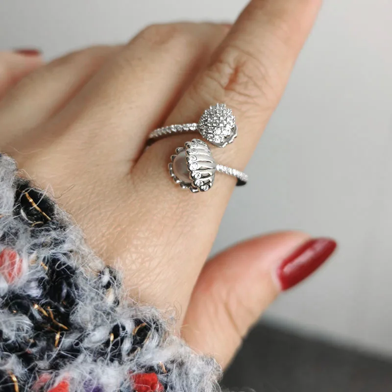 SINLEERY Dazzling Shell Adjustable Rings Silver Color Champagne Pearl Full Crystal Wedding For Women Jewelry JZ667 SSG | Украшения и