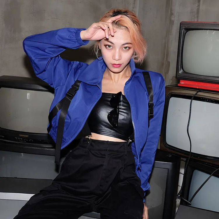 

Women Jacket Spring/Autumn Solid Blue Lapel Long Sleeved Cool Sexy Short Jacket Lady Stylish Tops Trendy Coat Streetwear