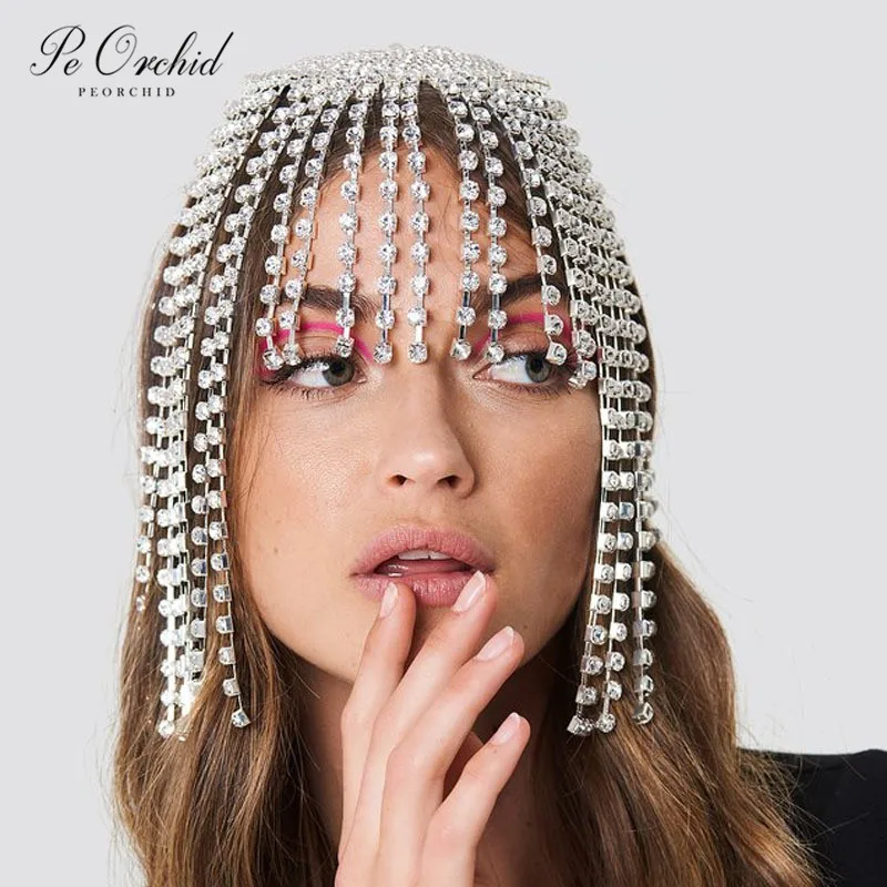 

PEORCHID Glitter Rhinestone Headband Tassel Bridal Headwear Diamond Luxury Shiny Sexy Head Ring Chain Wedding Hair Accesories