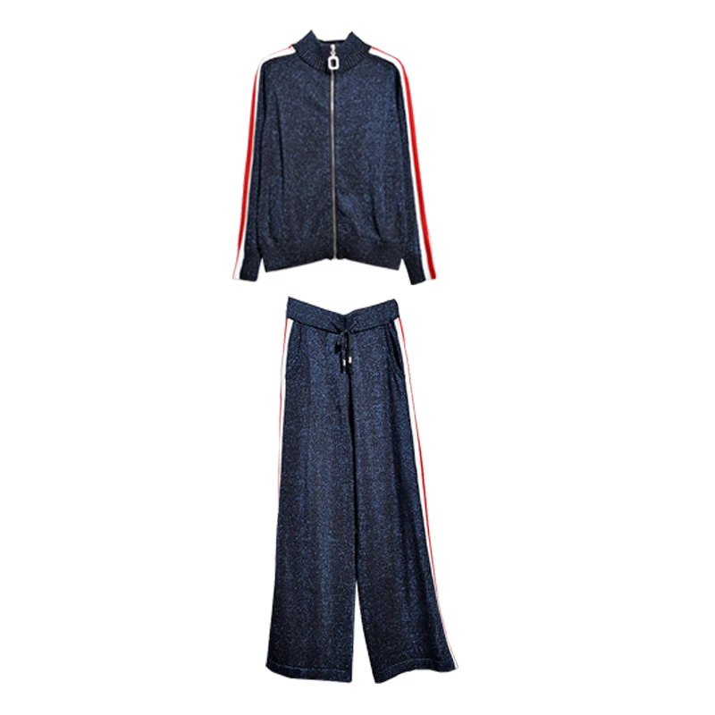 

Elegant Sweater Wide-Leg Pants Suit Casual Fashion Mixed Color Knitted Cardigan Trousers Two-Piece Women Autumn Winter New