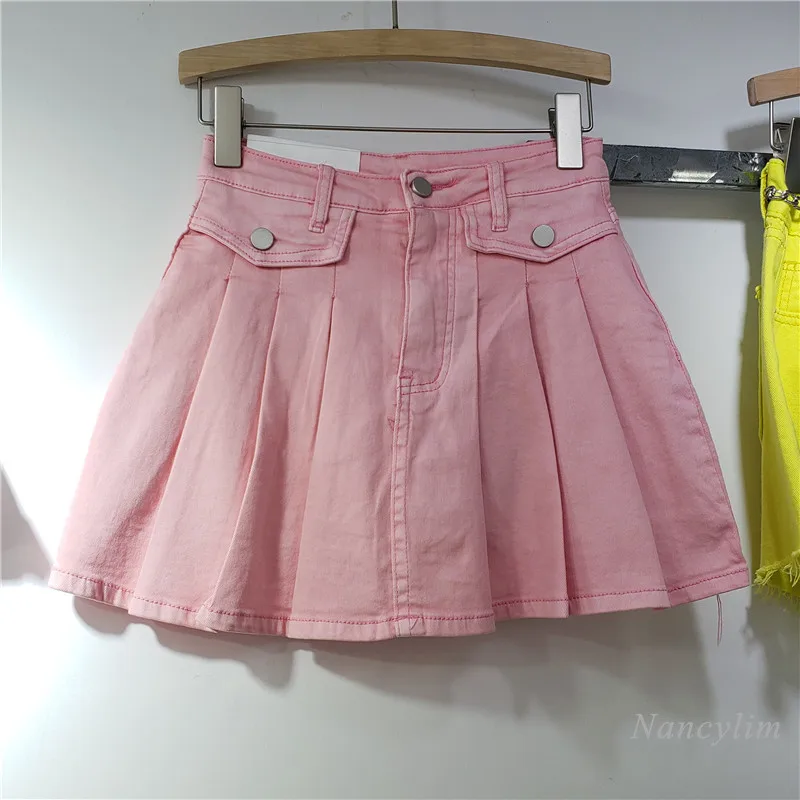 

Pink Denim Skirt Women 2021 Spring and Summer New Korean Style Fashion Loose Slimming Pleated Skirts Girls Students